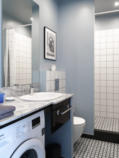 Modern bathroom at MIRO Rooms in Riga with stylish amenities.