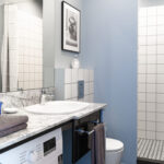 Stylish bathroom at MIRO Rooms, Riga with modern design and amenities.