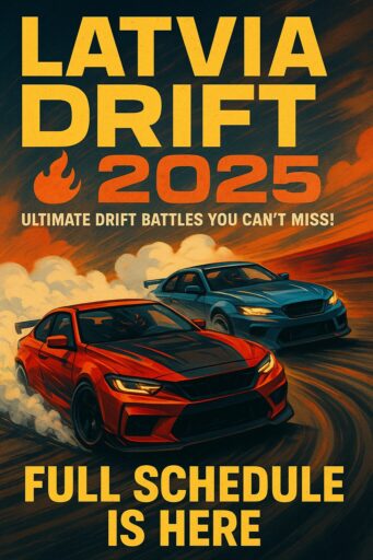 Latvia Drift 2025 poster featuring racing cars and event details.