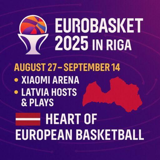 EuroBasket 2025 event in Riga, Latvia, promoting tourism and accommodations.