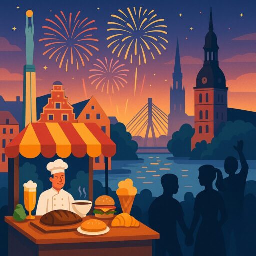 Food stall with local dishes at night festival in Riga, MIRO Rooms nearby.