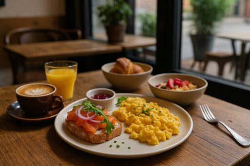 Delicious breakfast at MIRO Rooms in Riga: eggs, salmon, coffee.