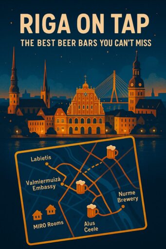 Map of Riga showing top beer bars and MIRO Rooms accommodations.