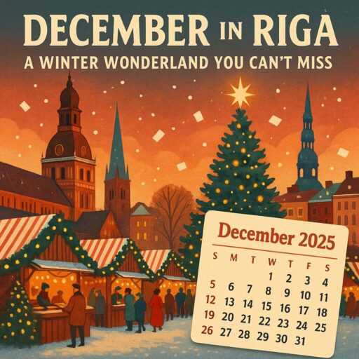 Festive December in Riga with Christmas market and holiday lights.