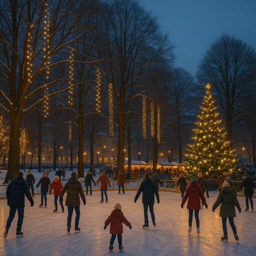 Ice skating in Riga's winter park, festive lights and Christmas tree.
