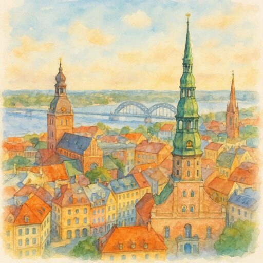 Scenic view of Riga, showcasing historic towers and architecture.