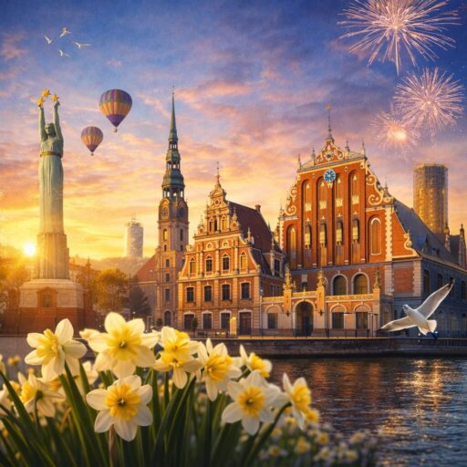 Beautiful sunset over Riga with historical buildings and flowers.