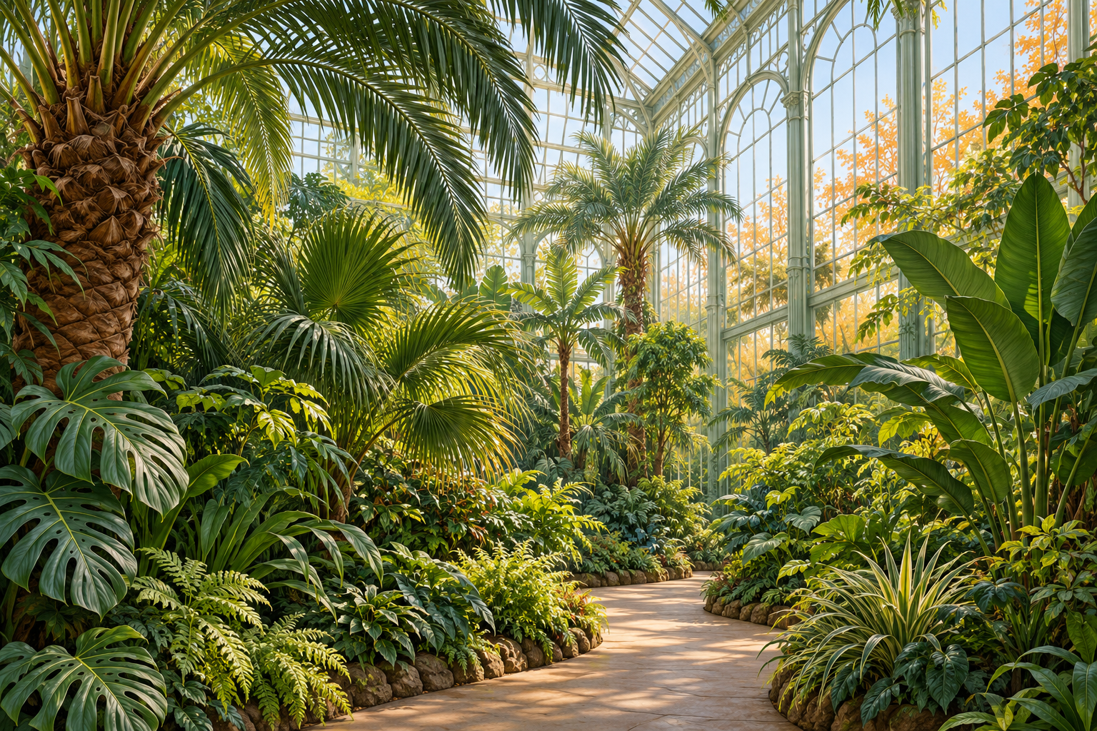 Conceptual illustration of palms and varied green foliage beside a path inside a tall sunlit glasshouse