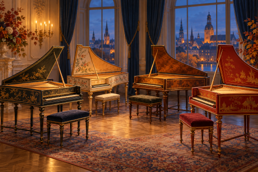 Conceptual illustration of four decorated harpsichords in a warmly lit room with a suggested Riga skyline