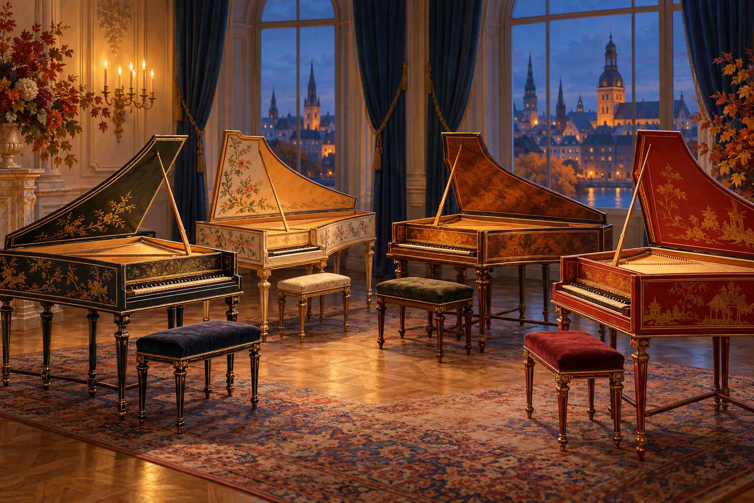 Conceptual illustration of four decorated harpsichords in a warmly lit room with a suggested Riga skyline