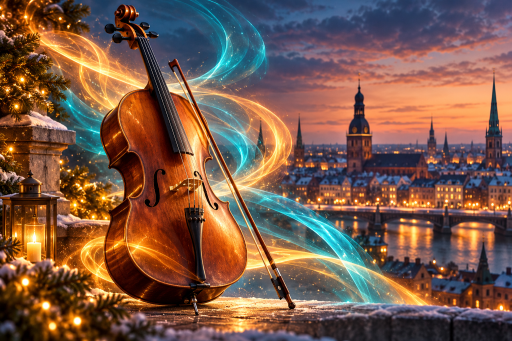 Conceptual illustration of a cello, amber and teal musical light, and a festive winter Riga skyline