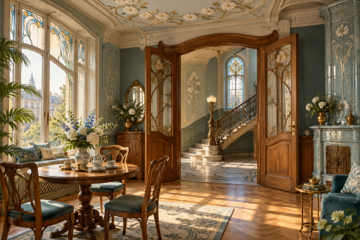 Conceptual illustration of an Art Nouveau apartment in Riga with floral decoration and warm daylight