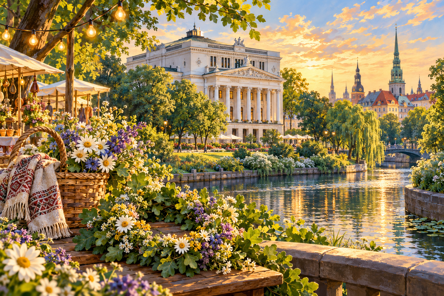 Illustration of Riga in summer, with the opera house, flowers and Latvian Midsummer wreaths