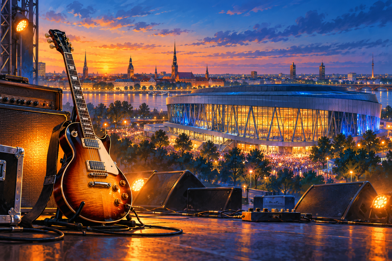 Conceptual illustration of a Riga rock weekend with an electric guitar, arena and illuminated skyline