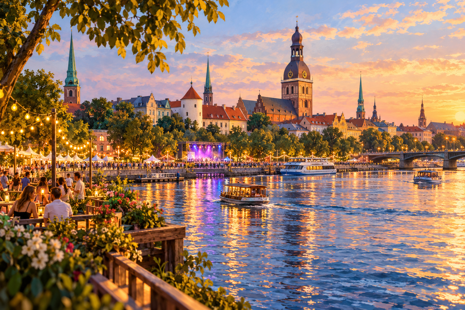 Illustration of Riga’s riverfront with summer celebrations, warm lights and the Old Town skyline