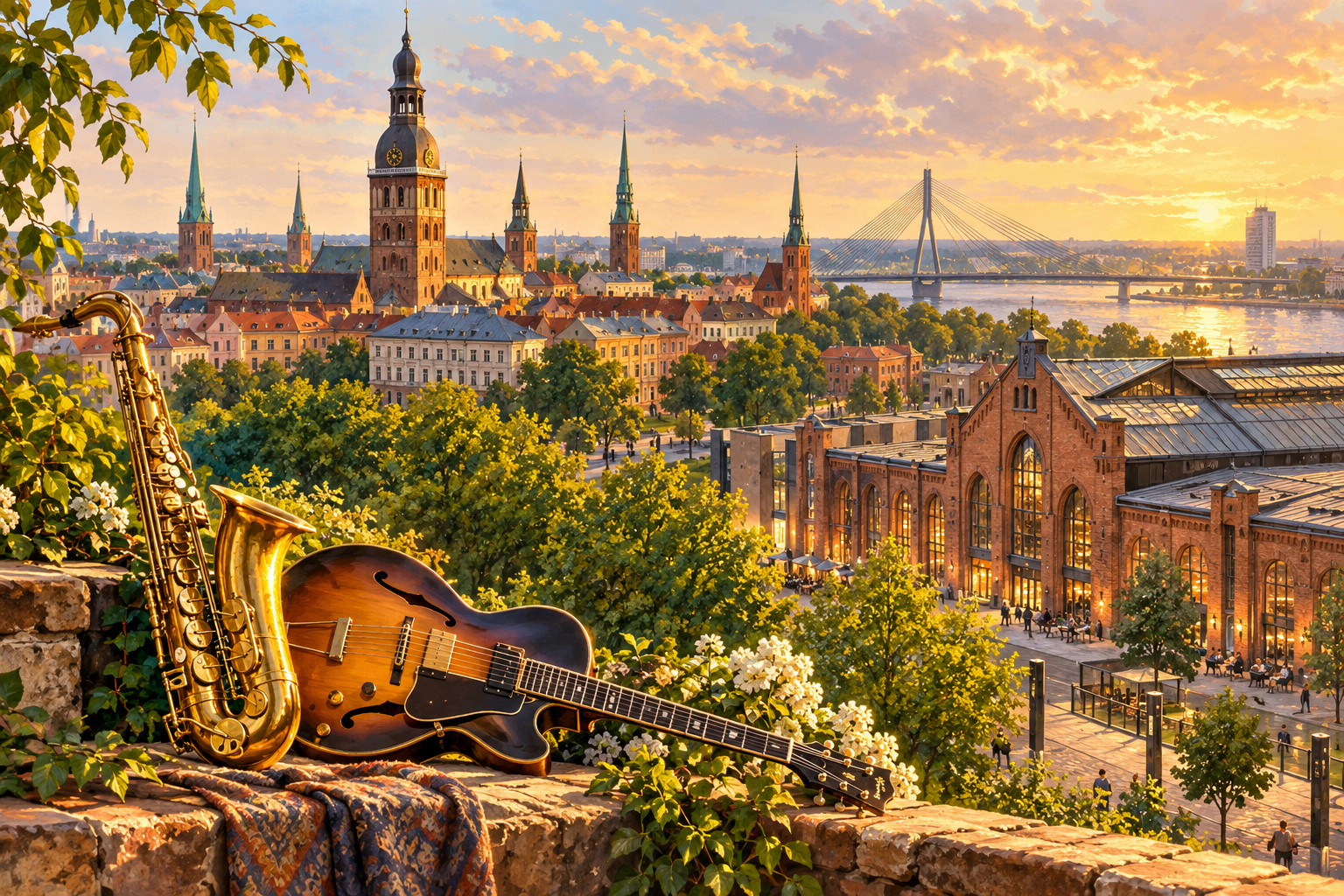 Illustration of summer Riga with a saxophone, guitar, Old Town skyline and a cultural venue