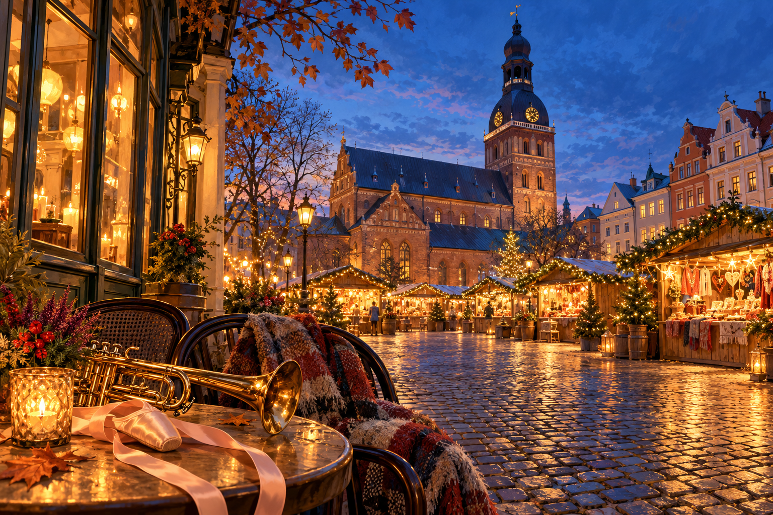 Illustration of Riga’s Dome Square Christmas Market with warm lights, a trumpet and ballet ribbons