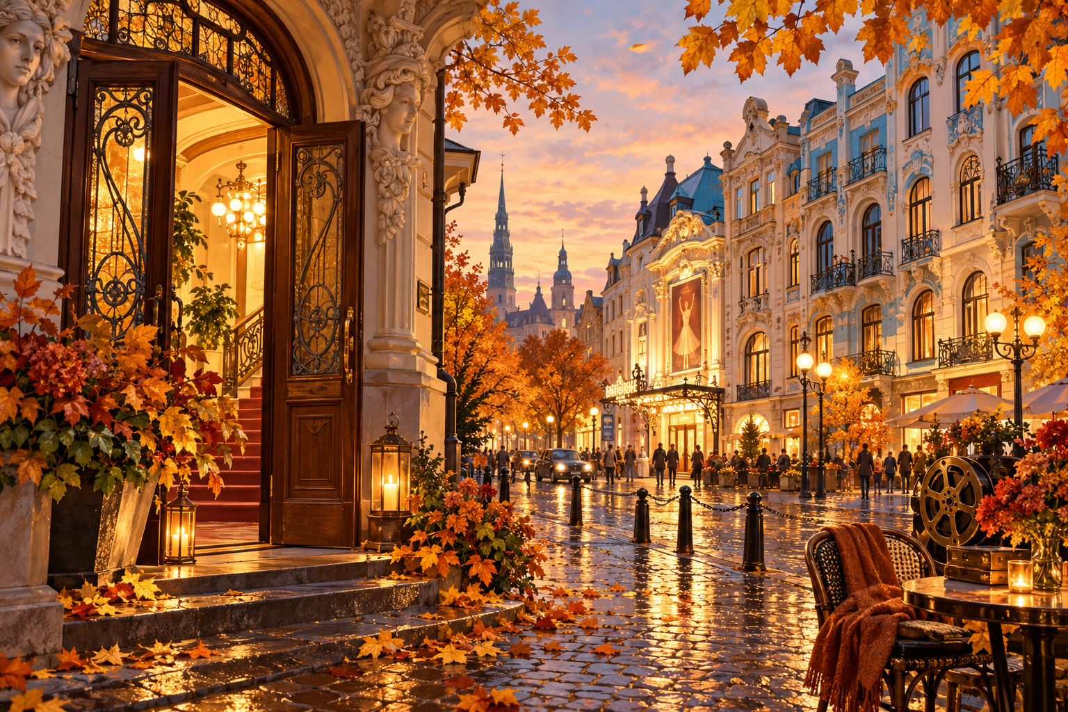 Illustration of Riga’s Art Nouveau streets, an open doorway and autumn cinema lights