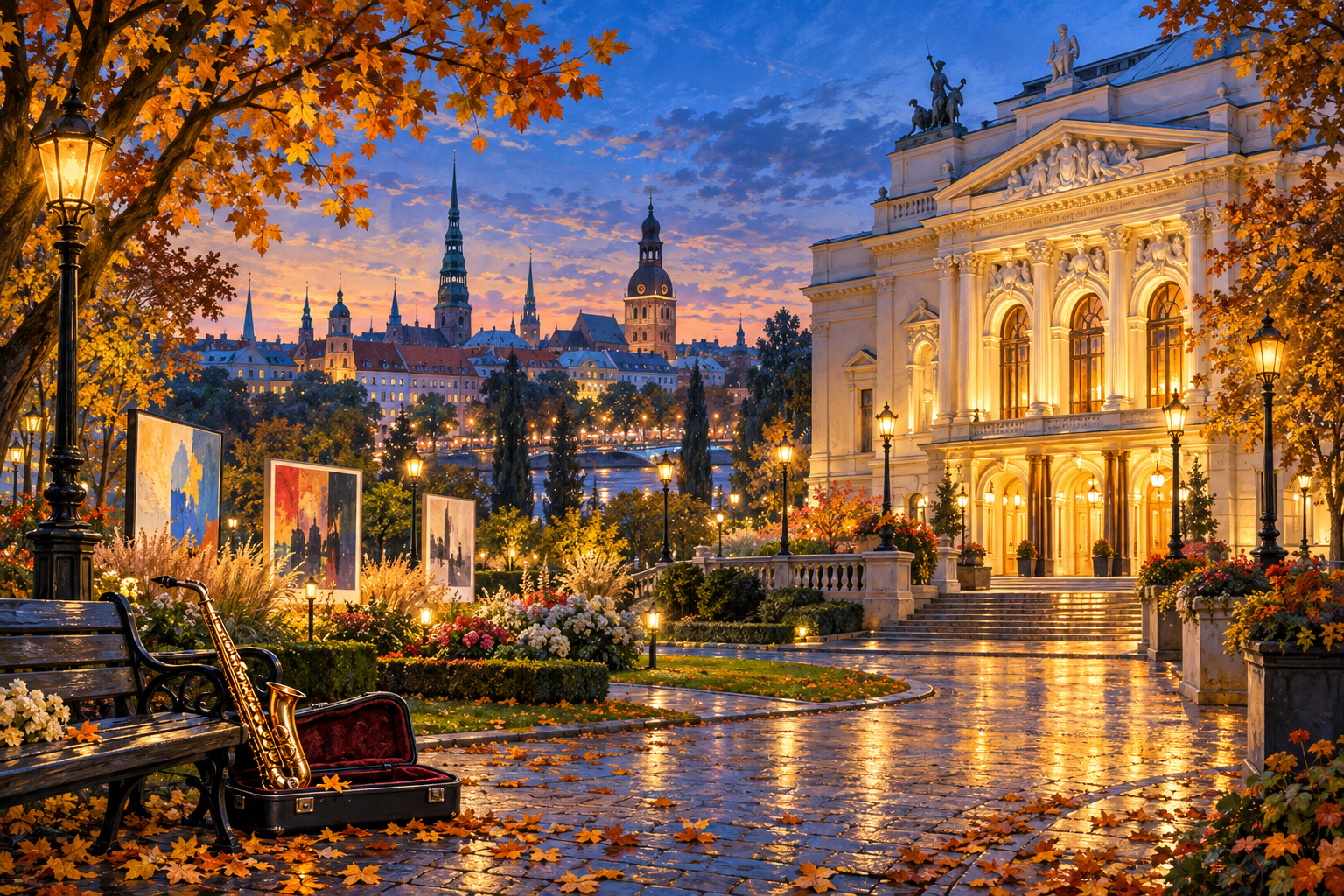 Illustration of autumn Riga with a theatre, art and a saxophone beside a leafy park