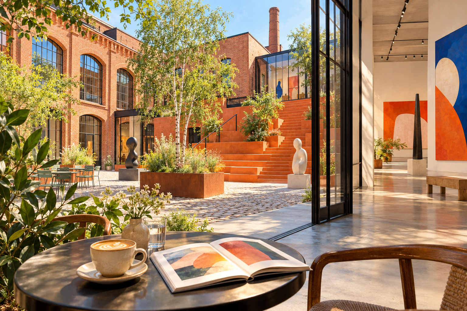 Conceptual illustration of an art museum courtyard with orange terraces, coffee and an art book